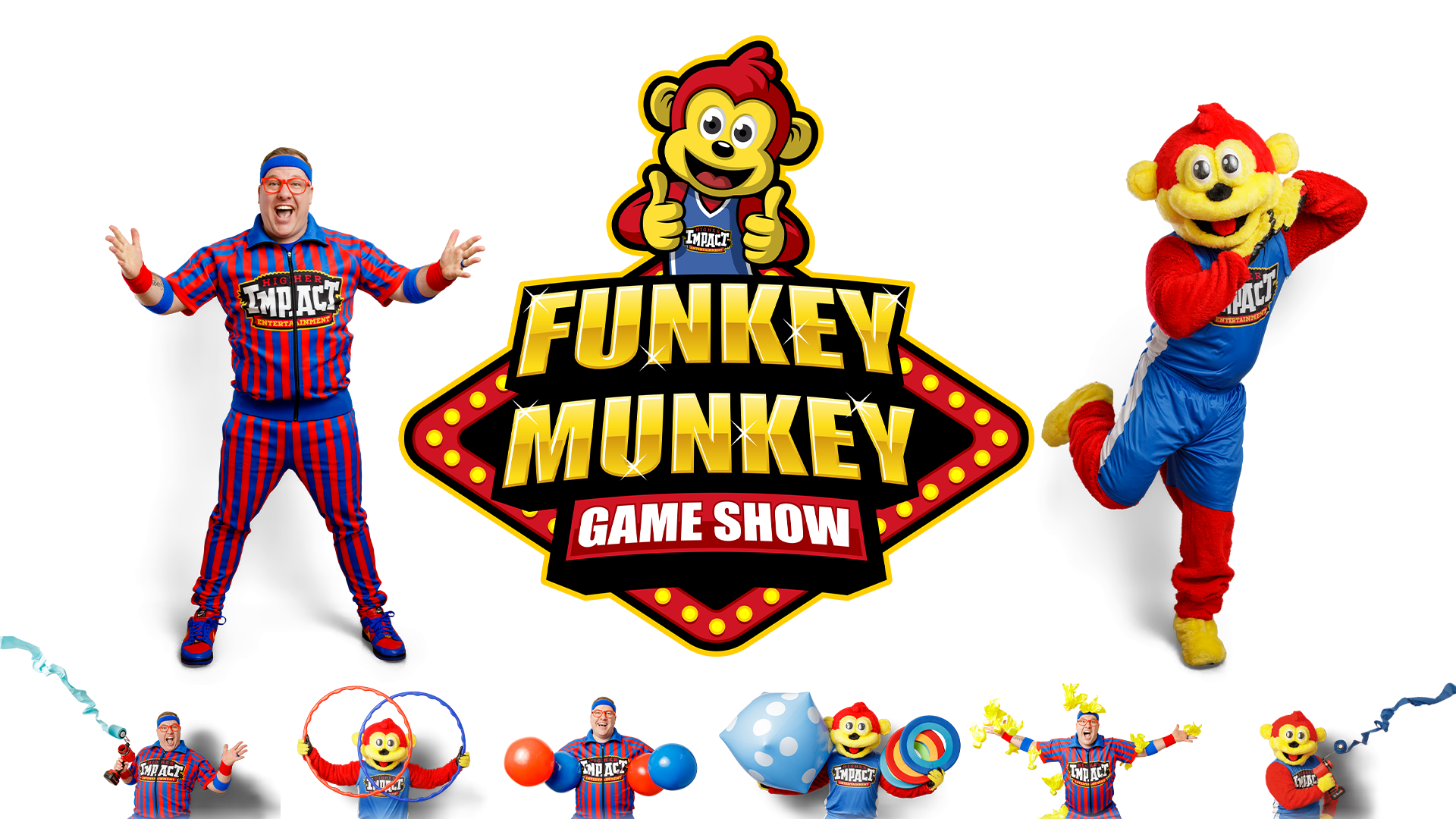 Funkey Munkey Game Show logo with host and mascot performing high-energy interactive stage entertainment