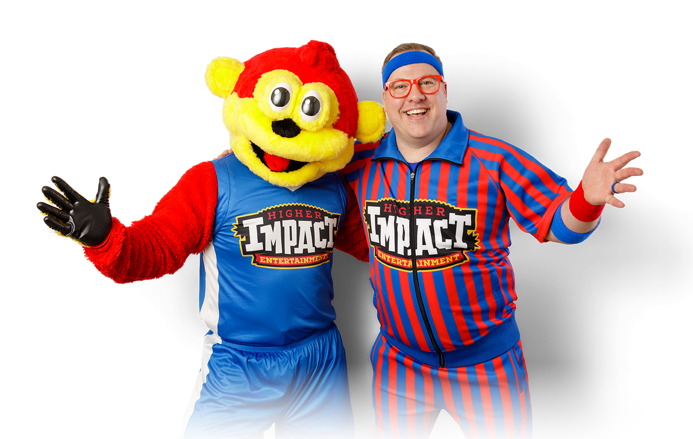 Funkey Munkey mascot and game show host Jerome Bartlett posing together for the Funkey Munkey Game Show
