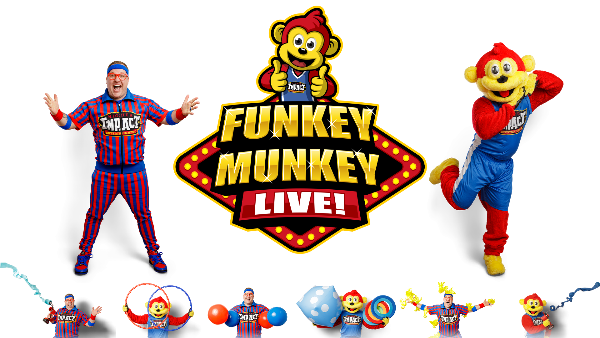 Funkey Munkey Game Show logo with host and mascot performing high-energy interactive stage entertainment
