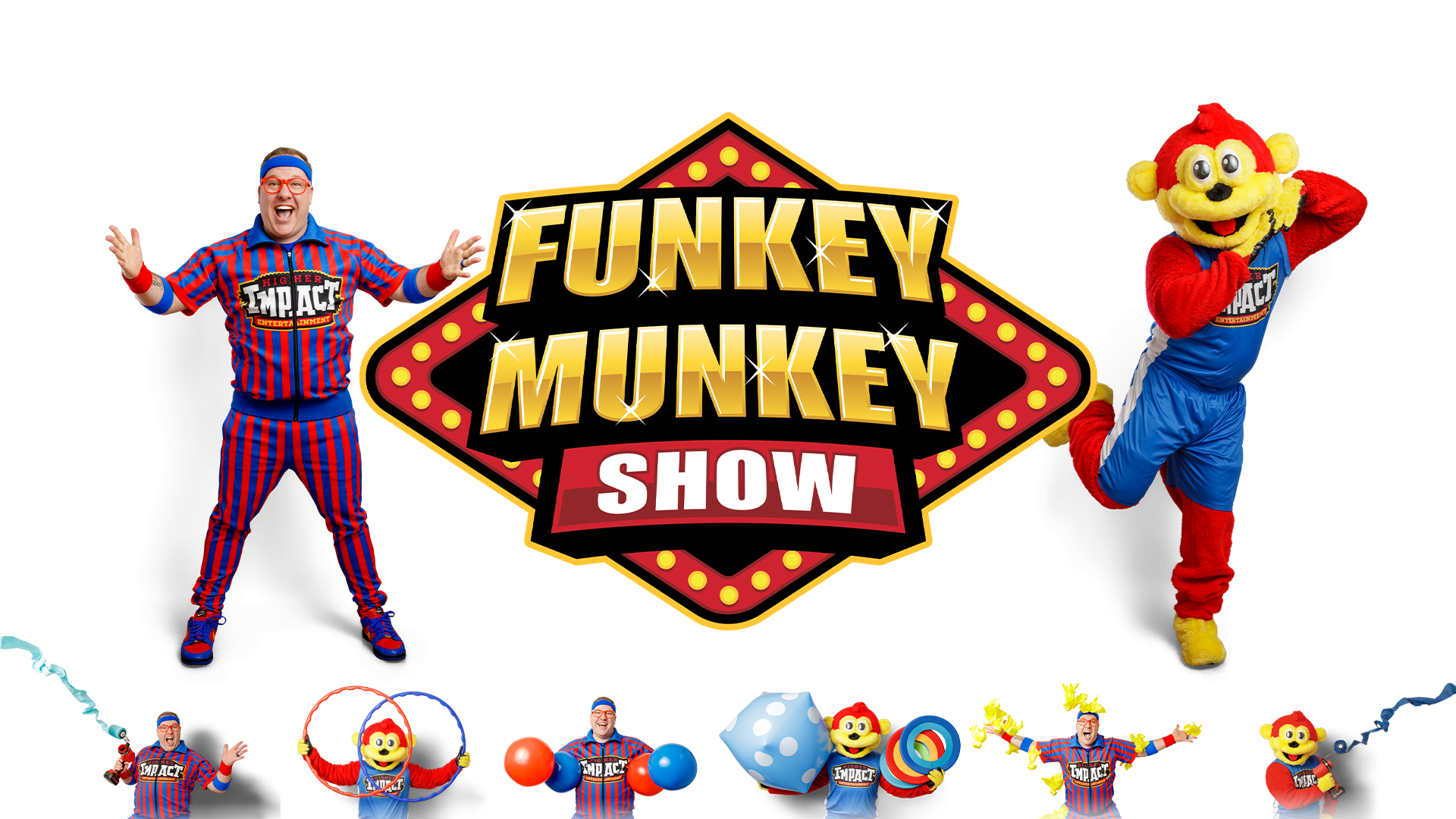 Funkey Munkey Game Show logo with host and mascot performing high-energy interactive stage entertainment